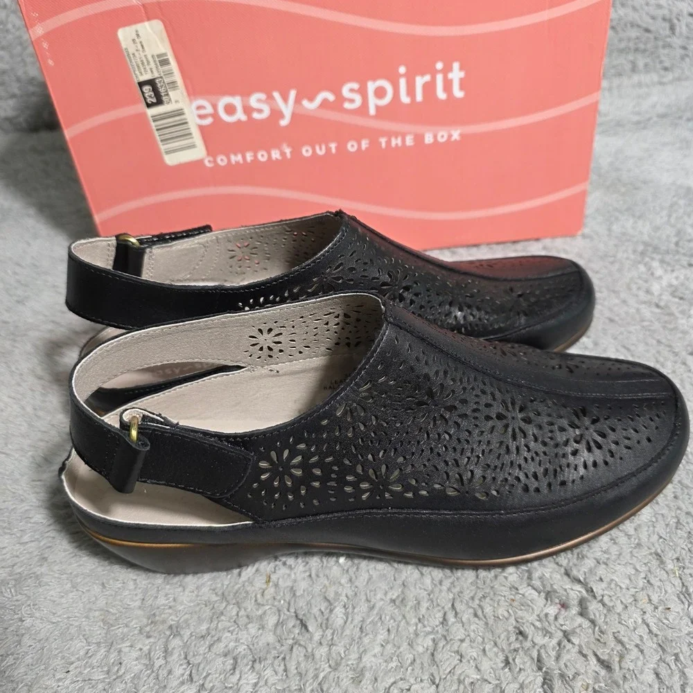 Easy Spirit Black Leather Laser Cut Slingback Wedge Mules Shoes Women's 9M‎ NEW